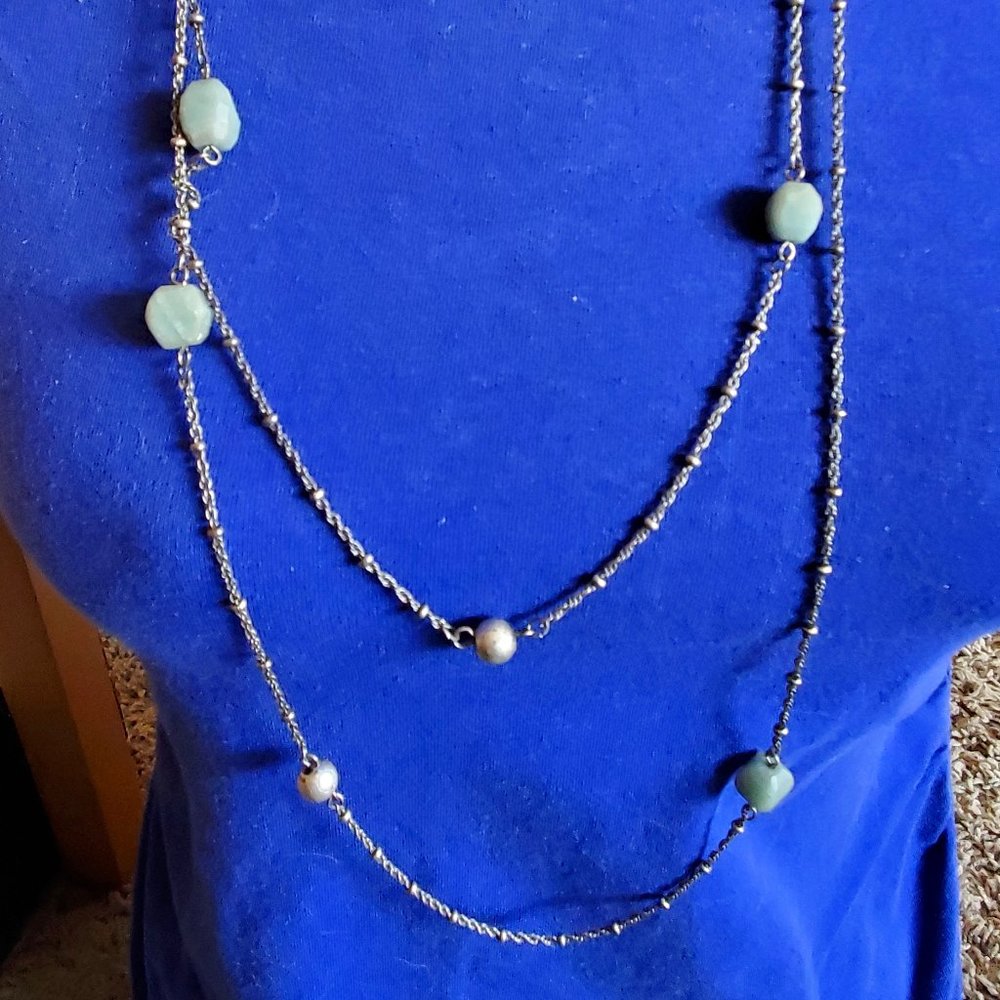 28" Silver Tone Stone Chip Layer Long Necklace AE